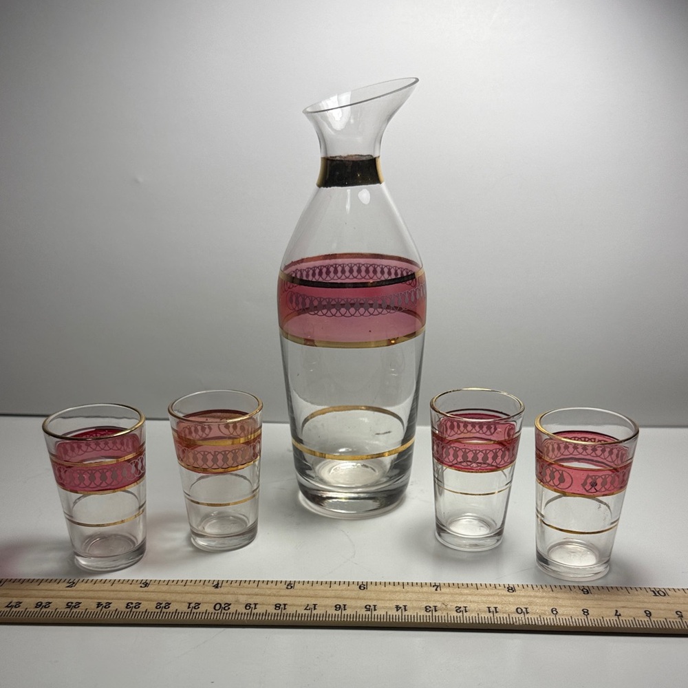Vintage MCM Pink and Gold Glass decanter shot glass Set of 4